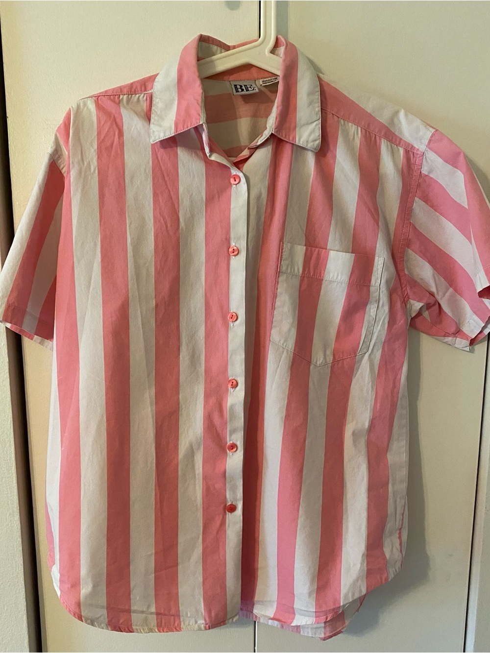 Vintage pink and white striped short sleeve button-up shirt